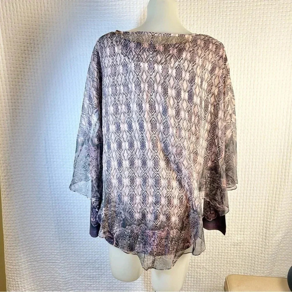 One World Plus Sz 1X Printed Long Sleeve Top w/ Chiffon Embellish Poncho Purple - Picture 4 of 14